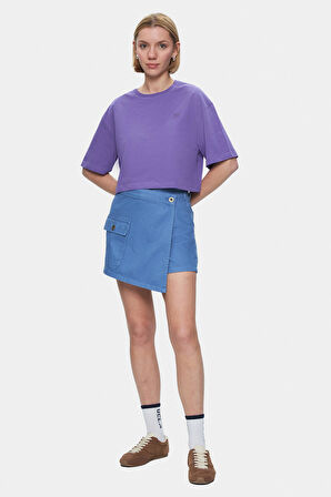 INDIANA Mor Bisiklet Yaka Crop Baskılı Loose Fit Kadın Tshirt