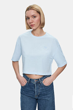 INDIANA Gök Mavi Bisiklet Yaka Crop Baskılı Loose Fit Kadın Tshirt