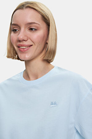 INDIANA Gök Mavi Bisiklet Yaka Crop Baskılı Loose Fit Kadın Tshirt