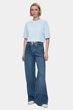 INDIANA Gök Mavi Bisiklet Yaka Crop Baskılı Loose Fit Kadın Tshirt