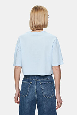 INDIANA Gök Mavi Bisiklet Yaka Crop Baskılı Loose Fit Kadın Tshirt