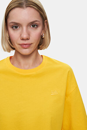 INDIANA Sarı Bisiklet Yaka Crop Baskılı Loose Fit Kadın Tshirt