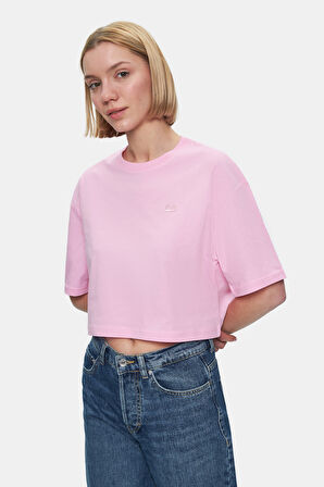 INDIANA Açık Pembe Bisiklet Yaka Crop Baskılı Loose Fit Kadın Tshirt