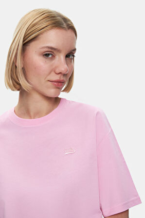 INDIANA Açık Pembe Bisiklet Yaka Crop Baskılı Loose Fit Kadın Tshirt