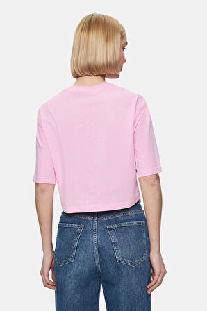 INDIANA Açık Pembe Bisiklet Yaka Crop Baskılı Loose Fit Kadın Tshirt