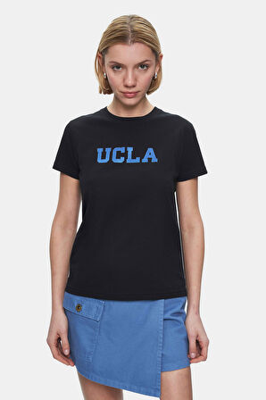 ISOLDE Siyah Bisiklet Yaka  Baskılı Standard Fit Kadın Tshirt