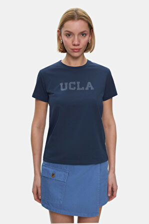 ISOLDE Lacivert Bisiklet Yaka  Baskılı Standard Fit Kadın Tshirt