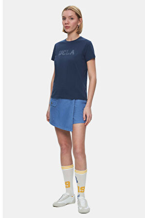 ISOLDE Lacivert Bisiklet Yaka  Baskılı Standard Fit Kadın Tshirt