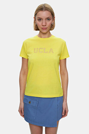 ISOLDE Açık Sarı Bisiklet Yaka  Baskılı Standard Fit Kadın Tshirt