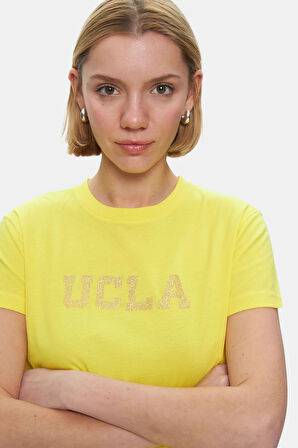 ISOLDE Açık Sarı Bisiklet Yaka  Baskılı Standard Fit Kadın Tshirt