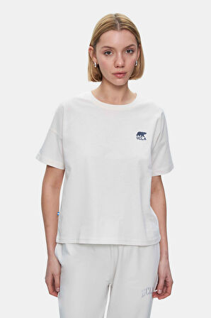 KENZIE Kemik Rengi Bisiklet Yaka Baskılı Loose Fit Kadın Tshirt
