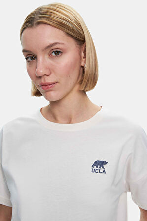 KENZIE Kemik Rengi Bisiklet Yaka Baskılı Loose Fit Kadın Tshirt