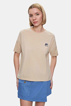 KENZIE Açık Kahve Bisiklet Yaka Baskılı Loose Fit Kadın Tshirt