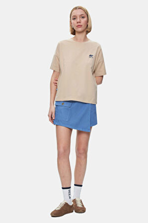 KENZIE Açık Kahve Bisiklet Yaka Baskılı Loose Fit Kadın Tshirt