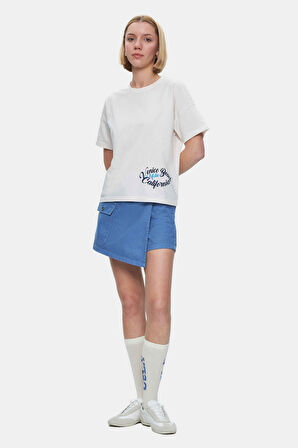 ODETTE Kemik Rengi Bisiklet Yaka Baskılı Loose Fit Kadın Tshirt