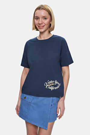 ODETTE Lacivert Bisiklet Yaka Varak Baskılı Loose Fit Kadın Tshirt