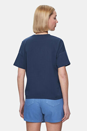 ODETTE Lacivert Bisiklet Yaka Varak Baskılı Loose Fit Kadın Tshirt