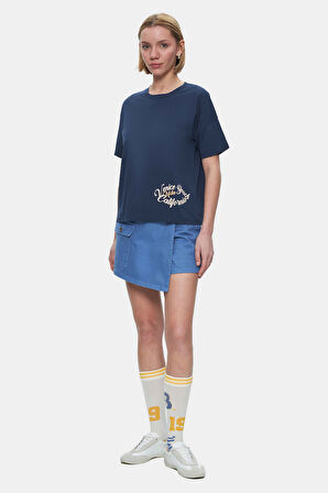 ODETTE Lacivert Bisiklet Yaka Varak Baskılı Loose Fit Kadın Tshirt
