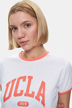 SAVANNAH Beyaz Bisiklet Yaka Baskılı Standard Fit Kadın Tshirt