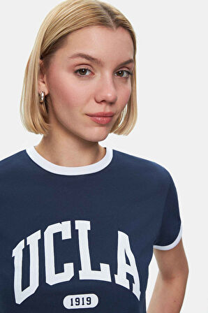 SAVANNAH Lacivert Bisiklet Yaka Baskılı Standard Fit Kadın Tshirt