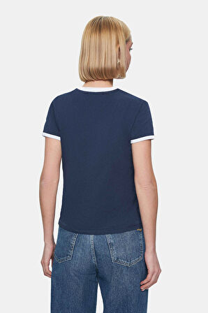SAVANNAH Lacivert Bisiklet Yaka Baskılı Standard Fit Kadın Tshirt