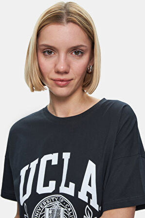 AVALON Antrasit Bisiklet Yaka Baskılı Oversize  Kadın Tshirt