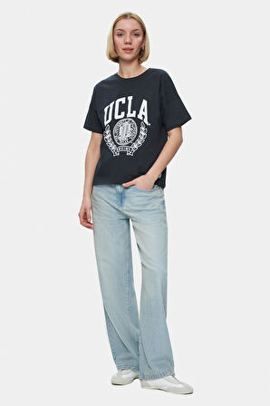 AVALON Antrasit Bisiklet Yaka Baskılı Oversize  Kadın Tshirt
