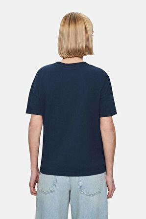 EVERLEE Lacivert Bisiklet Yaka Taş Yıkama Baskılı Loose Fit Kadın Tshirt