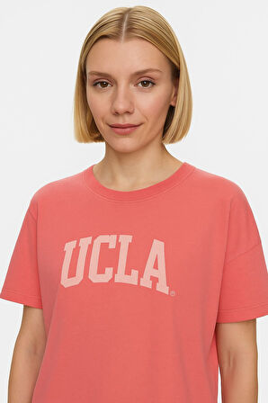 EVERLEE Sıcak Pembe Bisiklet Yaka Taş Yıkama Baskılı Loose Fit Kadın Tshirt