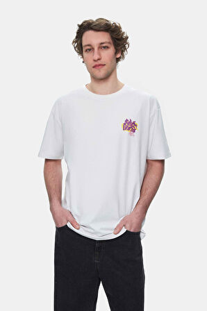 CHAR Beyaz Bisiklet Yaka Baskılı Oversize Erkek Tshirt