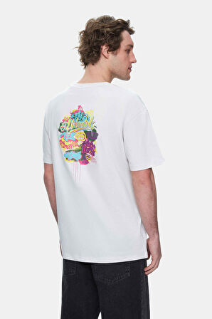 CHAR Beyaz Bisiklet Yaka Baskılı Oversize Erkek Tshirt
