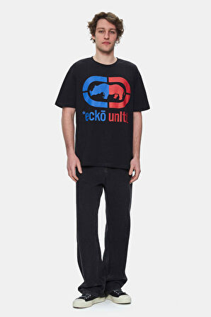 FOSTER Siyah Bisiklet Yaka Baskılı Oversize Erkek Tshirt