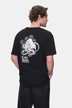 MUIRIS Siyah Bisiklet Yaka Baskılı Oversize Erkek Tshirt
