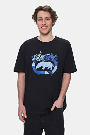 RHETT Siyah Bisiklet Yaka Baskılı Oversize Erkek Tshirt