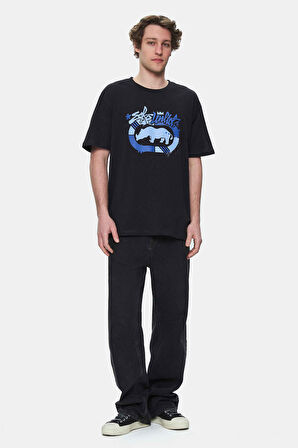 RHETT Siyah Bisiklet Yaka Baskılı Oversize Erkek Tshirt