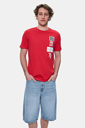 TOMLINSON Kırmızı Bisiklet Yaka Baskılı Standard Fit Erkek Tshirt