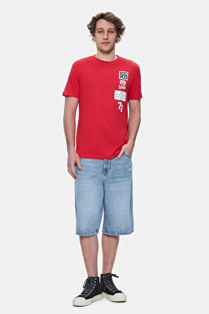 TOMLINSON Kırmızı Bisiklet Yaka Baskılı Standard Fit Erkek Tshirt