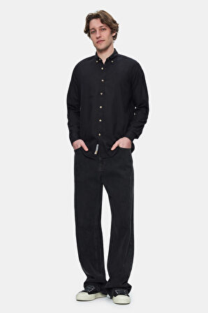 JACQUEZ Siyah Keten Nakışlı Standard Fit Erkek Gömlek