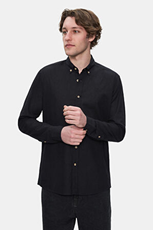 JACQUEZ Siyah Keten Nakışlı Standard Fit Erkek Gömlek