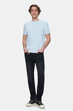 FABIO Gök Mavi Bisiklet Yaka Baskılı Standard Fit Erkek Tshirt