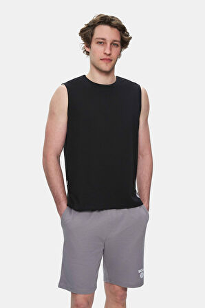 BODHI Siyah Bisiklet Yaka Sıfır Kol Baskılı Oversize Erkek Tshirt