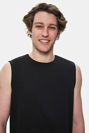 BODHI Siyah Bisiklet Yaka Sıfır Kol Baskılı Oversize Erkek Tshirt