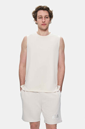 BODHI Kemik Rengi Bisiklet Yaka Sıfır Kol Baskılı Oversize Erkek Tshirt