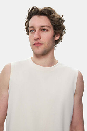 BODHI Kemik Rengi Bisiklet Yaka Sıfır Kol Baskılı Oversize Erkek Tshirt