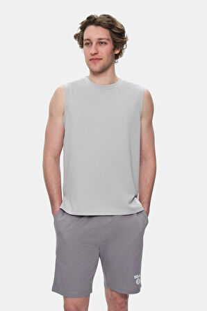 BODHI Açık Gri Bisiklet Yaka Sıfır Kol Baskılı Oversize Erkek Tshirt