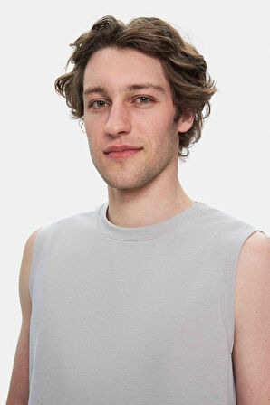 BODHI Açık Gri Bisiklet Yaka Sıfır Kol Baskılı Oversize Erkek Tshirt