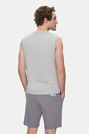 BODHI Açık Gri Bisiklet Yaka Sıfır Kol Baskılı Oversize Erkek Tshirt