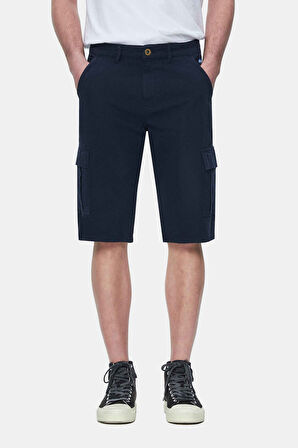 BLEWIN Lacivert Kargo Cepli Gabardin Nakışlı Standard Fit Erkek Şort