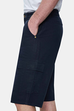 BLEWIN Lacivert Kargo Cepli Gabardin Nakışlı Standard Fit Erkek Şort