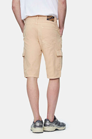 BLEWIN Camel Kargo Cepli Gabardin Nakışlı Standard Fit Erkek Şort